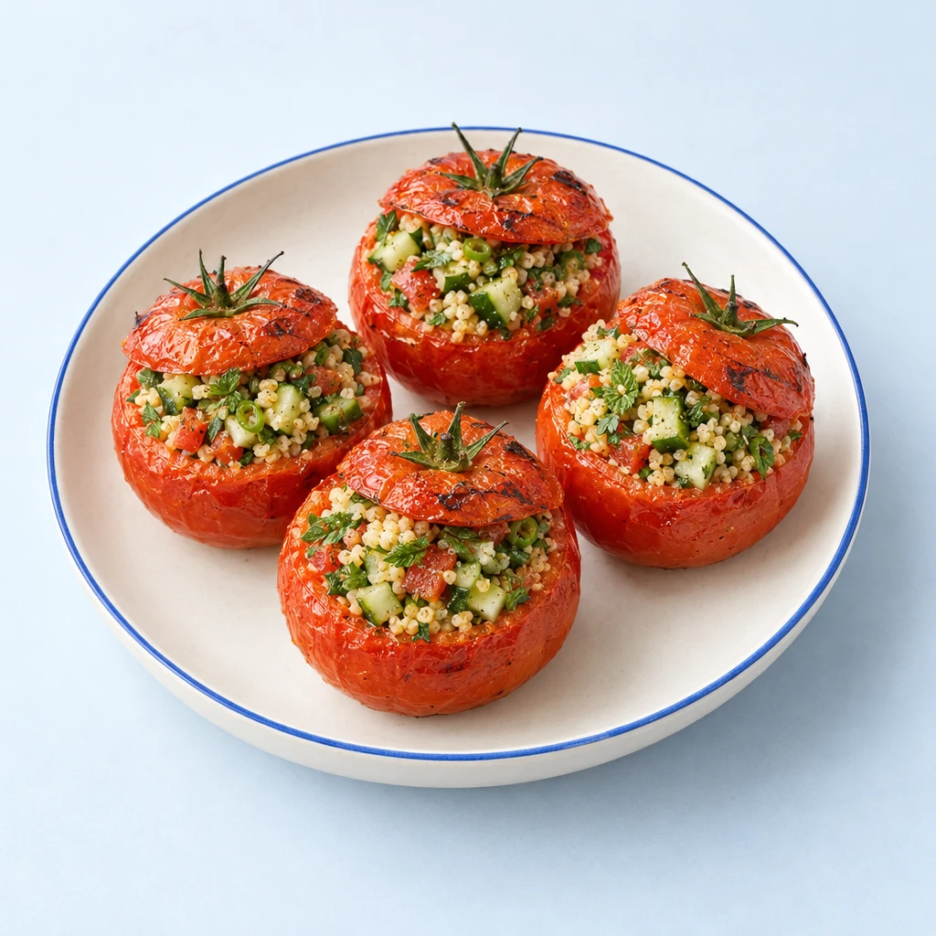 Gegrillte Tomaten mit einer Füllung aus Bulgur, Gurken- und Tomatenwürfeln sowie frischen Kräutern auf einem Teller.