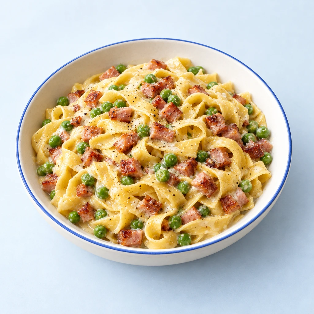 Bandnudeln mit gebräunten Schinkenwürfeln und grünen Erbsen in cremiger Sauce.