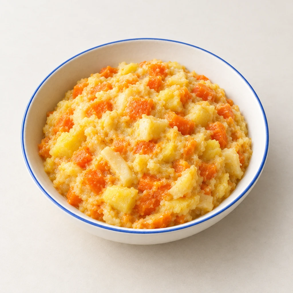 Helloranger Pastinaken-Möhren-Brei mit Kartoffeln in einer flachen Schale.