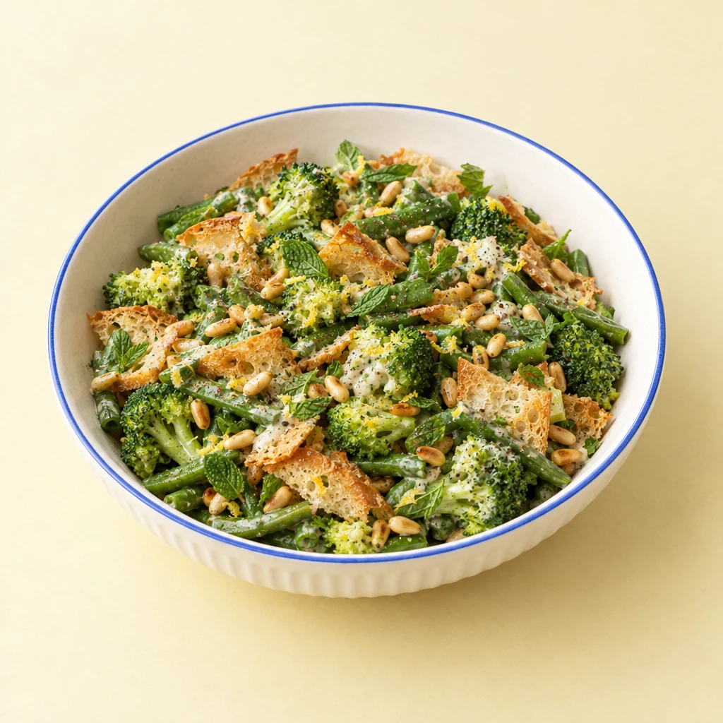 Salat aus grünen Bohnen und Brokkoli mit cremigem Dressing, Minzblättern, knusprigen Brotchips und gerösteten Pinienkernen.