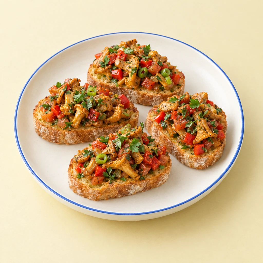 Geröstete Ciabattascheiben mit Pfifferlingen, Tomaten, roter Paprika und Petersilienblättchen.