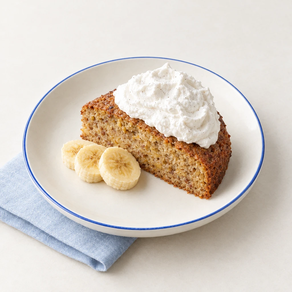 Runder Bananenkuchen mit goldbrauner Kruste, einem angeschnittenen Stück und einem Klecks aufgeschlagener Kokoscreme auf einem Teller.