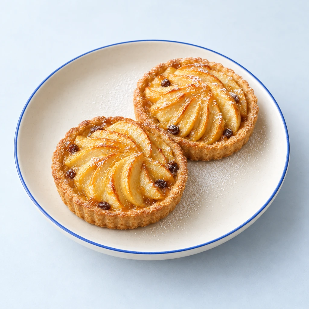 Apfeltartelette mit goldbraunem Mürbeteig, Apfelpüree und überlappenden, mit Aprikosenkonfitüre glasierten Apfelscheiben.