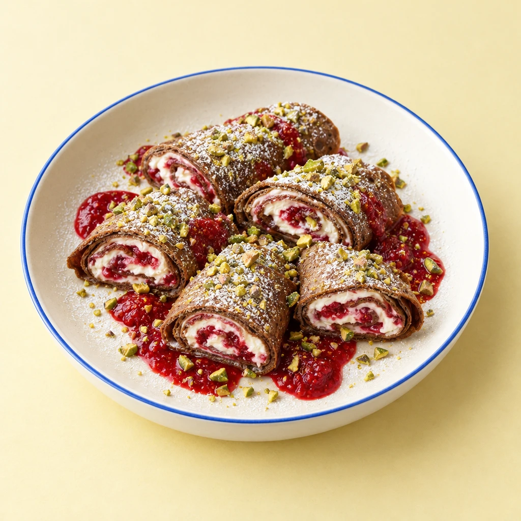Schoko-Pfannkuchenröllchen mit Mascarpone-Quark-Creme und Himbeeren, dazu Himbeersauce, gehackte Pistazien und Puderzucker.