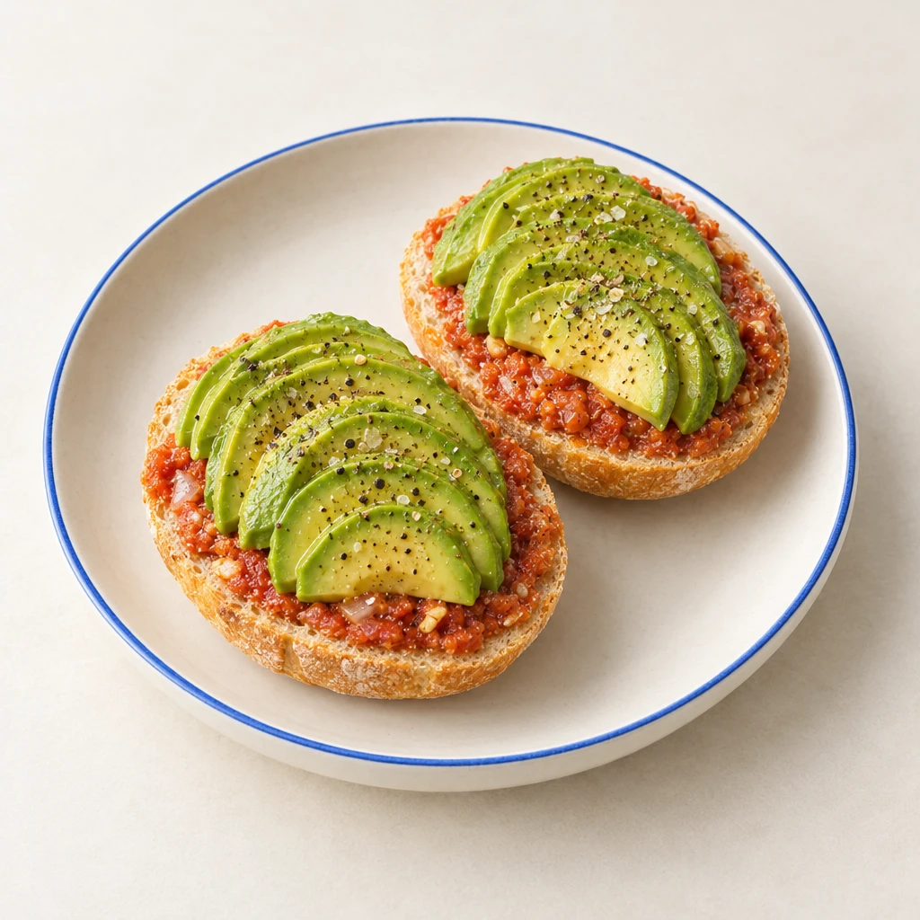 Brötchenhälften mit Tomaten-Mandel-Dip und fächerförmig aufgelegten Avocadoscheiben.