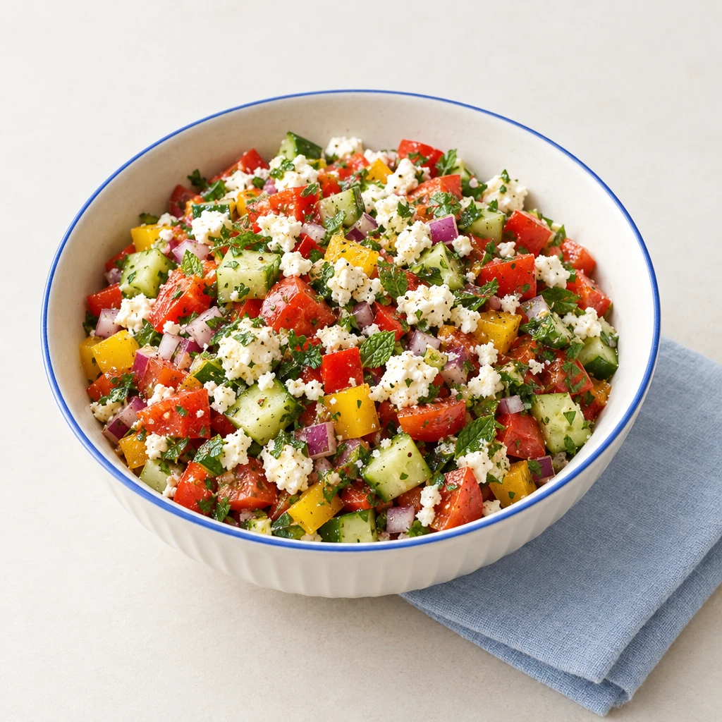 Schopska-Salat mit gewürfelter Gurke, Tomaten, roter und gelber Paprika, roten Zwiebeln, Kräutern und zerbröseltem Feta.