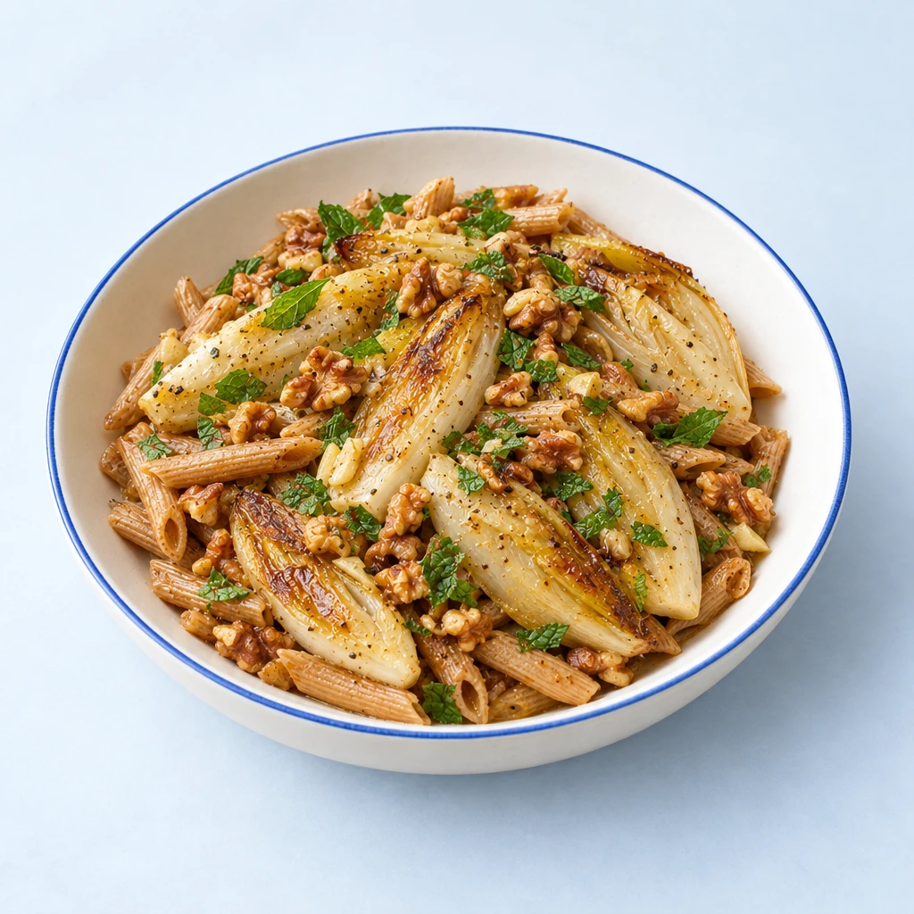 Im Ganzen gebratener Chicorée mit Vollkornpenne, Vanille-Orangen-Vinaigrette, gerösteten Walnüssen und gehackter Minze.