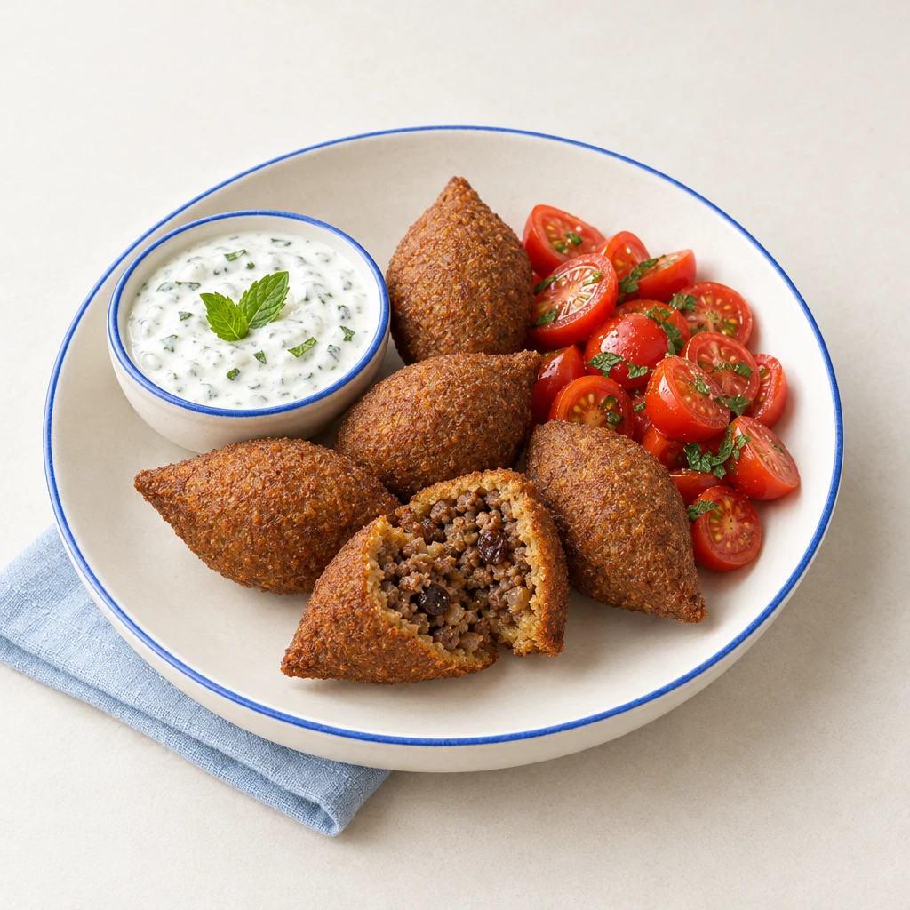 Dunkelbraun frittierte Kibbeh, eines aufgeschnitten mit Hackfleisch-Rosinen-Füllung, dazu halbierte Cocktailtomaten und Joghurt-Minz-Dip.