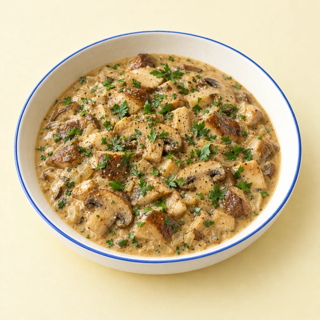 Cremige Jägersoße mit Champignons und Steinpilzen in einer flachen Schale, garniert mit gehackter Petersilie.