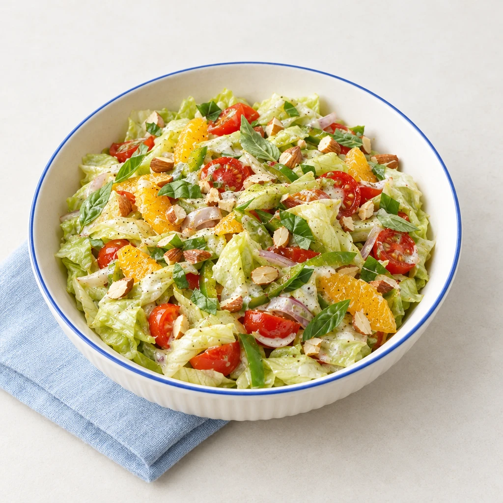 Warmer Eisbergsalat mit grüner Paprika, Kirschtomaten, Orangenstücken, cremigem Dressing, Mandeln und Basilikum.