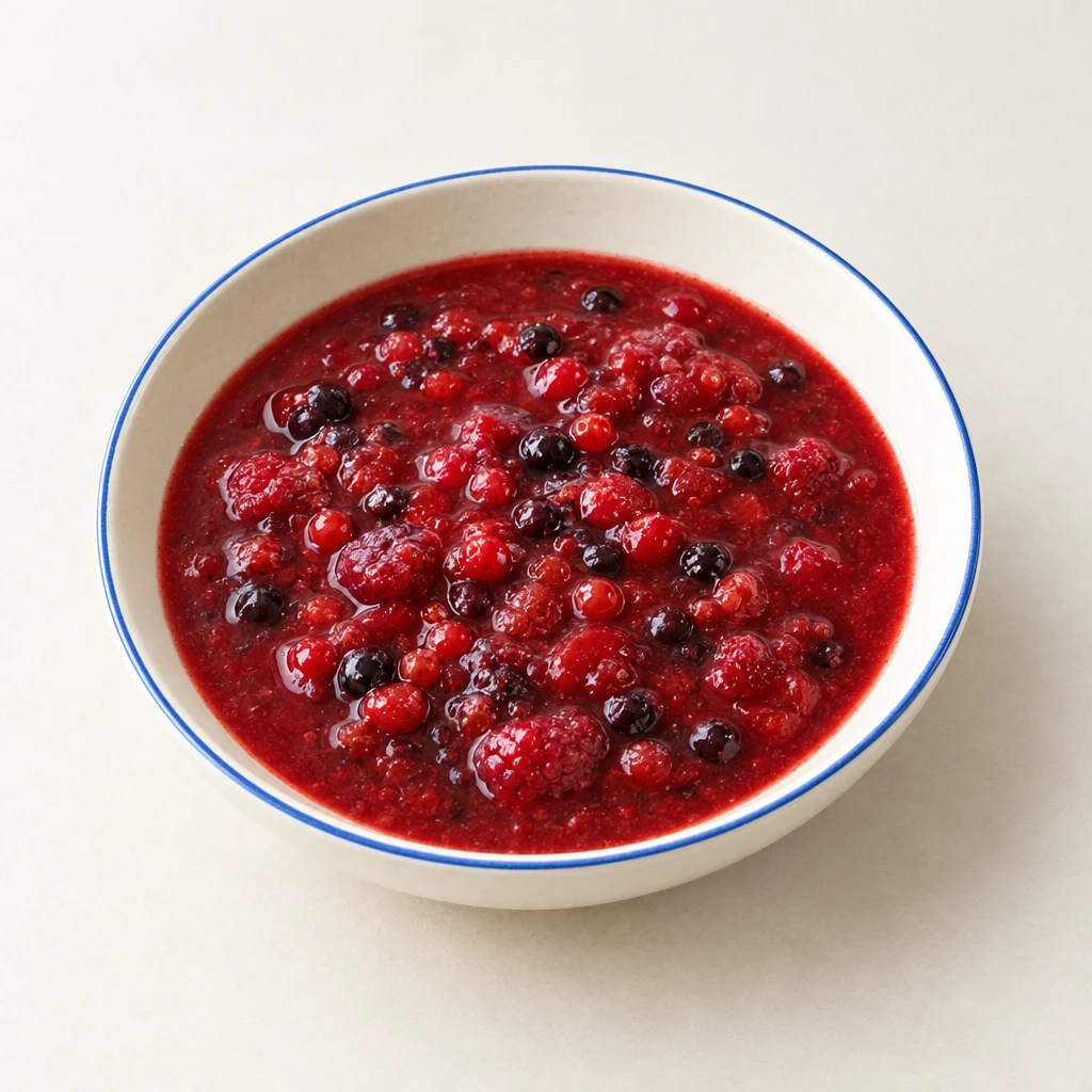 Rote Grütze mit ganzen Beeren in glänzender roter Fruchtsoße, angerichtet in einer flachen Schale.
