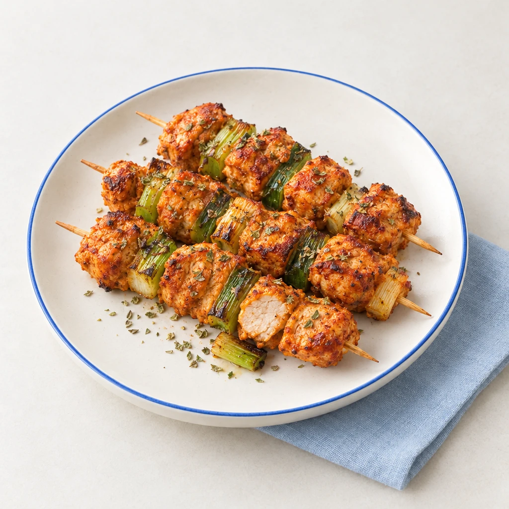 Ofengebratene Tandoori-Putenspieße mit Frühlingszwiebeln und würziger Joghurtmarinade auf einem Teller.