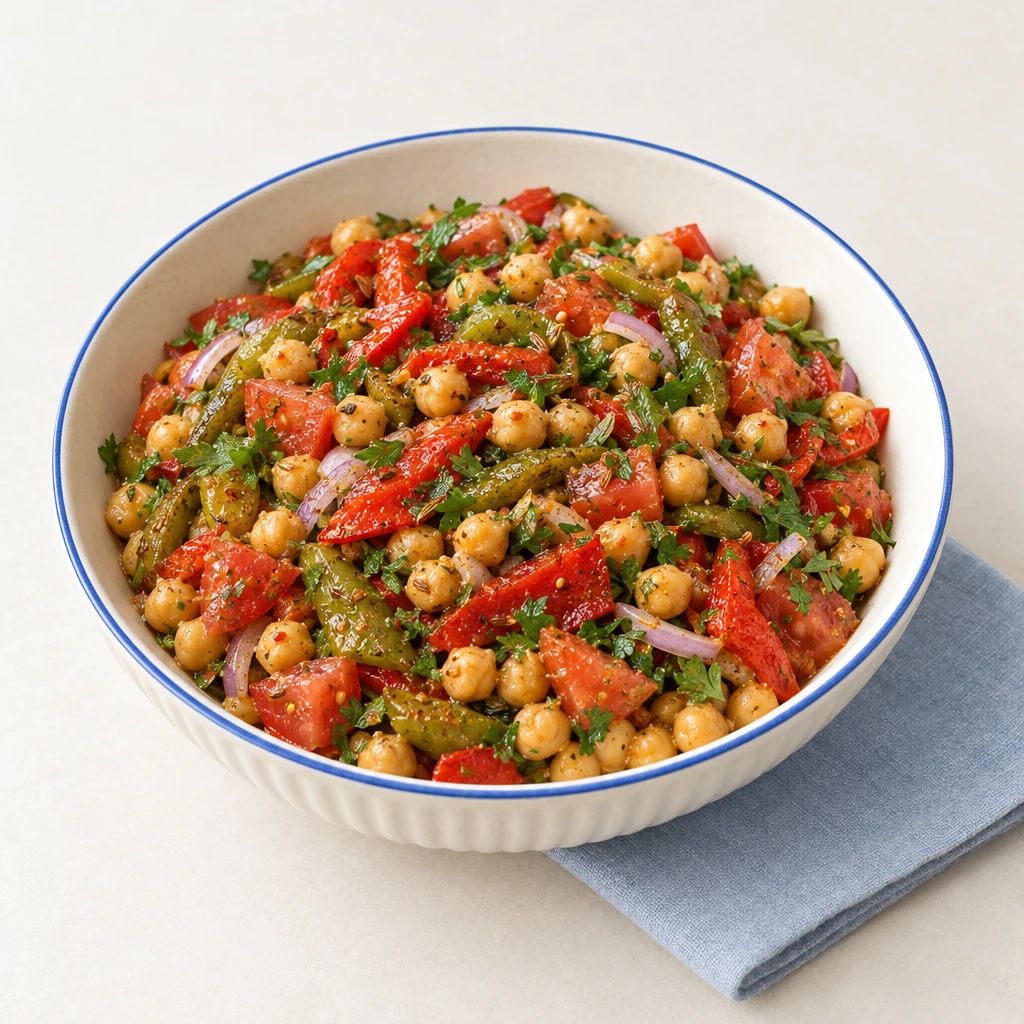 Kichererbsensalat mit Tomaten und Petersilie neben einem Salat aus gerösteten Paprikastreifen, Tomaten und Zwiebeln.