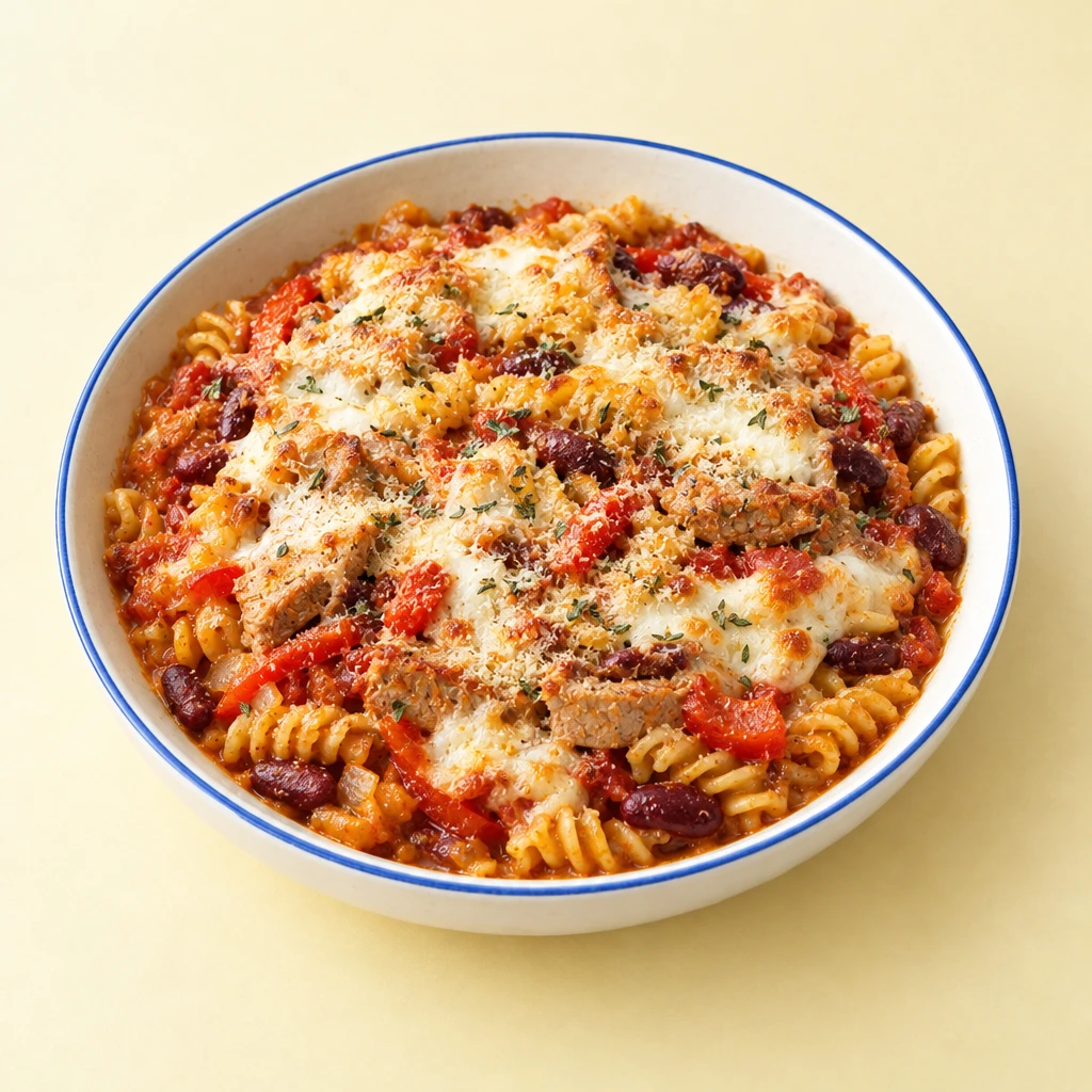 Nudelauflauf mit Fusilli, Schweinefleisch, Kidneybohnen und Paprika in Tomatensauce mit goldbrauner Käsekruste.