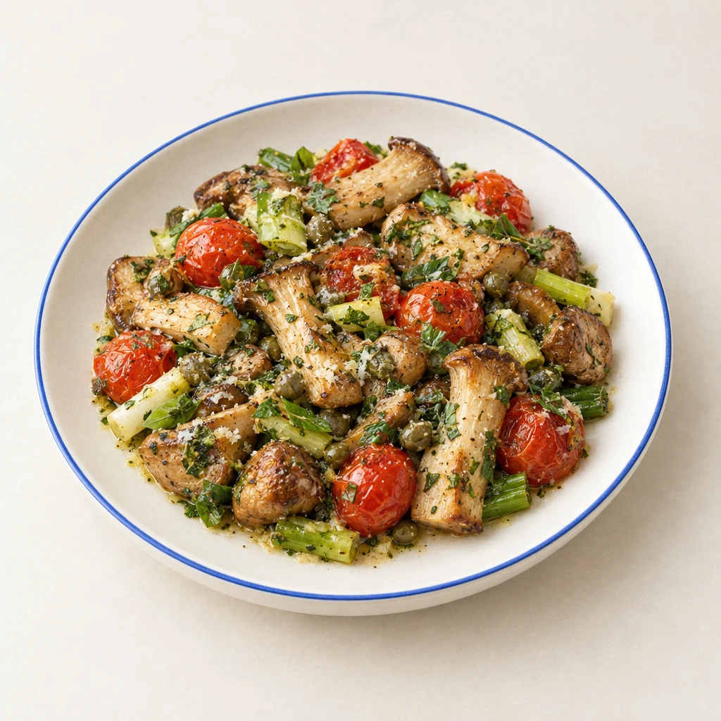 Gegrillte Pilze mit Kirschtomaten, Lauchzwiebeln und Kapern in Parmesan-Kräuterbutter, in geöffneten Folienpäckchen.
