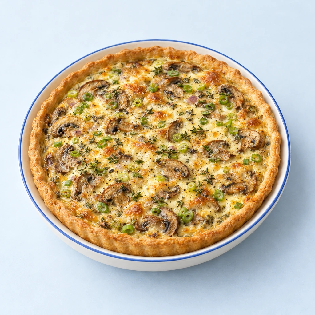 Goldbraune Champignon-Quiche mit knusprigem Teigrand und angeschnittenem Stück, das die Pilz-Mozzarella-Füllung zeigt.