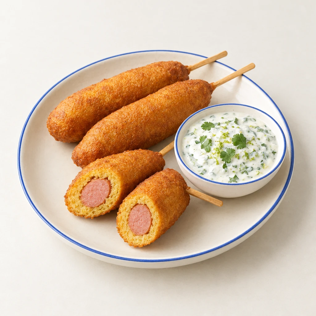 Goldbraune Corn Dogs am Holzspieß mit Joghurt-Limetten-Topping und Koriander, einer aufgeschnitten mit sichtbarem Würstchen.
