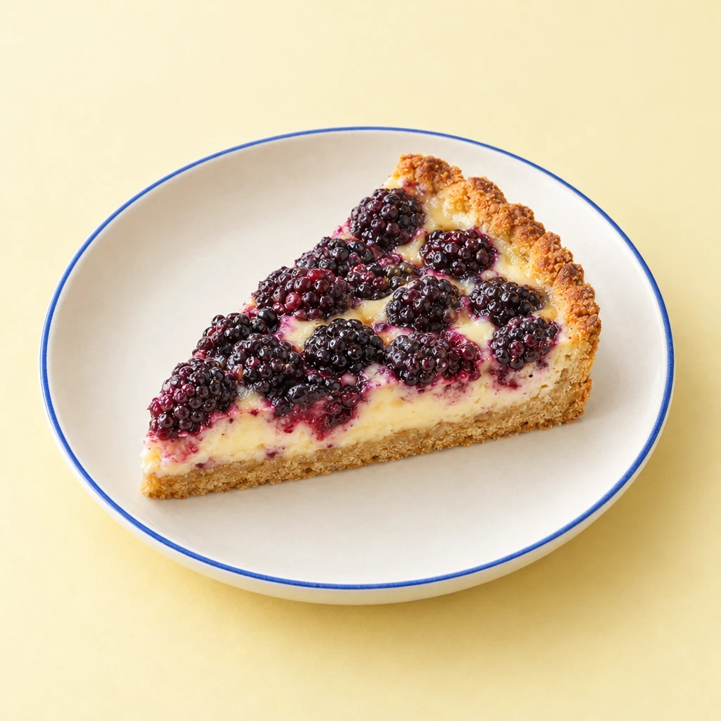 Brombeerkuchen mit goldbraunem Mürbeteigrand und cremiger Schmandfüllung, mit einem herausgeschnittenen Stück.