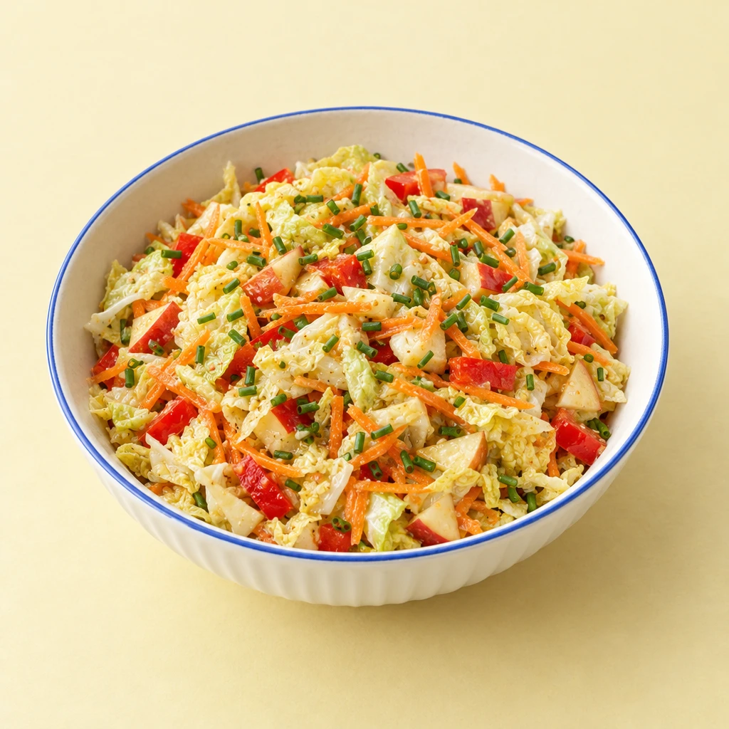 Bunter Chinakohlsalat mit roter Paprika, Karotte, Apfel und Schnittlauch, dazu Vollkornbrot.