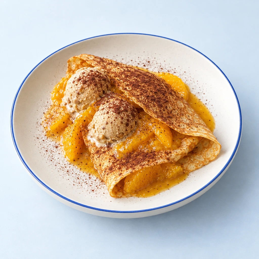 Cappuccino-Crêpe mit Orangenfilets, Kardamom-Orangensauce, Walnusseis und Kakaopulver.