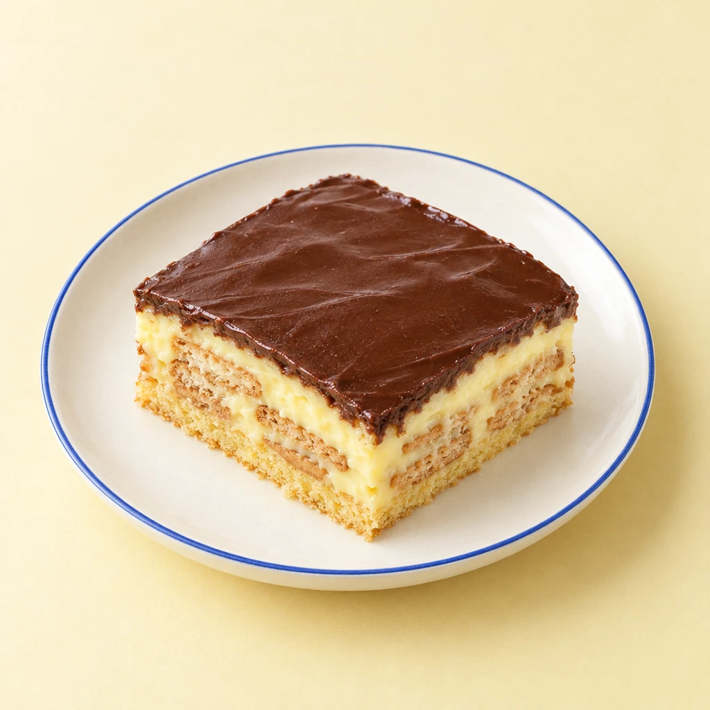 Quadratische Stücke LPG-Kuchen mit hellem Boden, Vanillepudding, Butterkeksschicht und dunkler Kakaoglasur auf einem Teller.