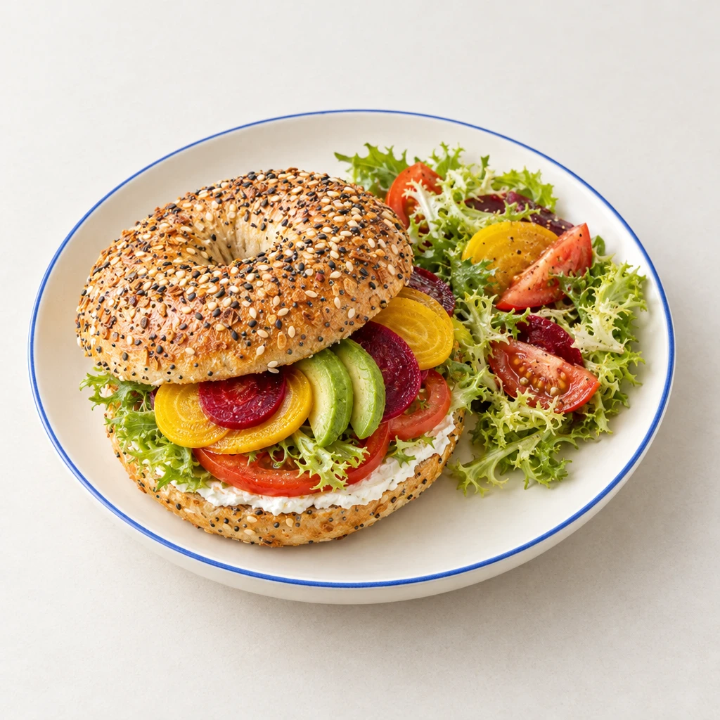 Bagel mit Saatentopping, Frischkäse, Friséesalat, Avocado, Tomaten und bunten Ringelbeten.