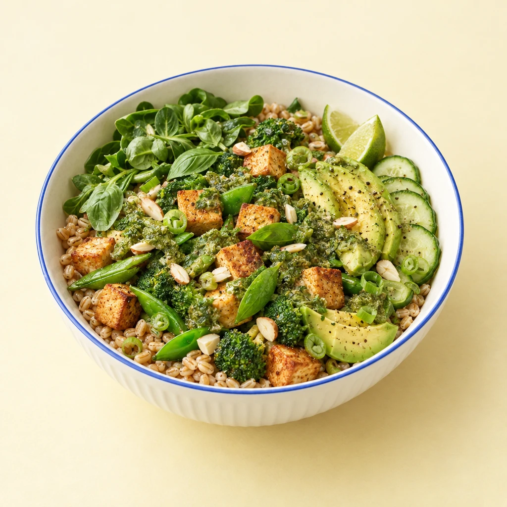 Grüne Bowl mit Dinkelreis, goldbraunem Tofu, Brokkoli, Zuckerschoten, Avocado, Gurke und Basilikum-Pesto.