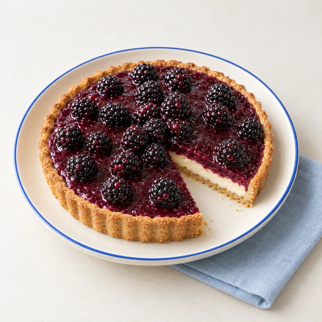 Angeschnittene Brombeer-Tarte mit Haselnuss-Mürbeteig, heller Frischkäsecreme und dunkler Brombeerschicht, mit Brombeeren dekoriert.