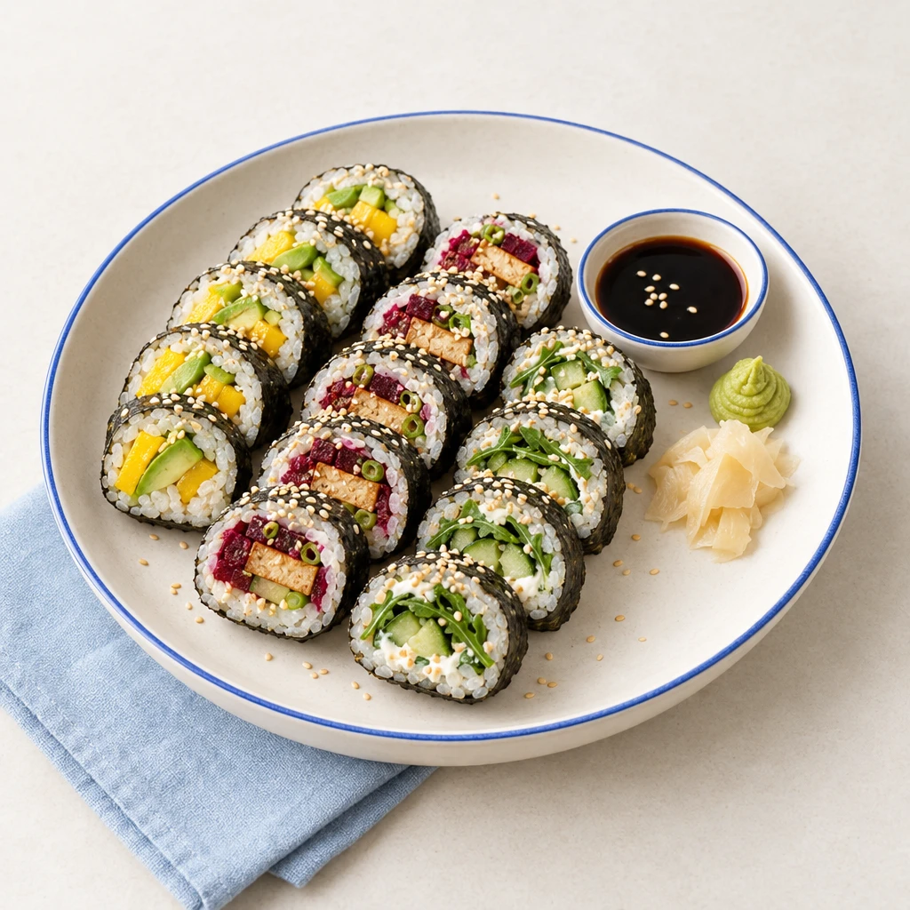 Vegane Maki mit Avocado und Mango, Räuchertofu und Roter Bete sowie Gurke und Rucola, mit Sesam, Sojasauce und Wasabi.