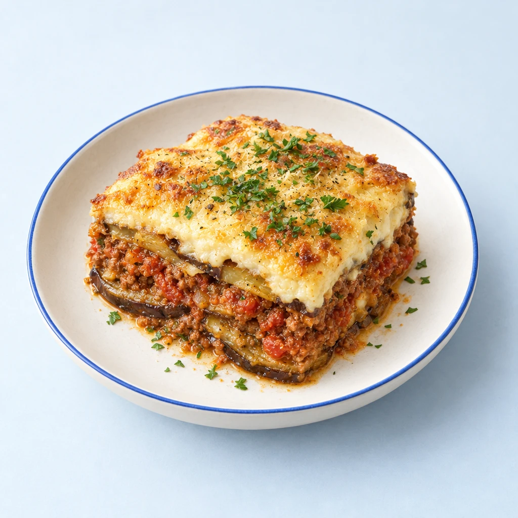 Moussaka mit sichtbaren Auberginen- und Hackfleischschichten unter einer goldbraunen Béchamel-Käsekruste.