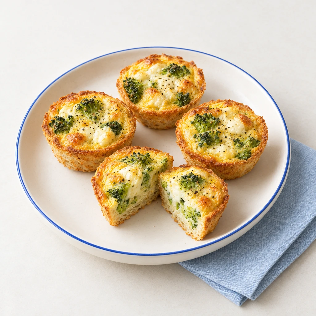 Mini-Quiches mit goldbraunem Toastboden, Brokkoli und geschmolzenem Mozzarella auf einem Teller, eine davon halbiert.