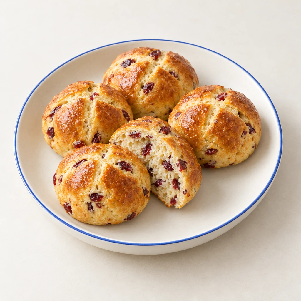Goldbraune Cranberry-Brötchen mit kreuzförmig eingeschnittener Kruste, eines geöffnet mit sichtbaren Cranberry-Stückchen in der Krume.