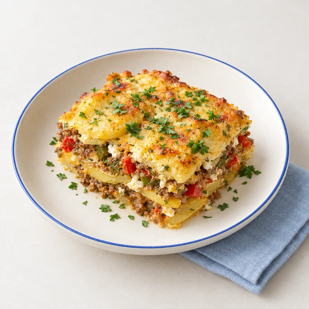 Hackfleisch-Kartoffel-Auflauf mit roter und grüner Paprika, Schafskäse und goldbraunem Eier-Sahne-Guss, mit Petersilie bestreut auf einem Teller.