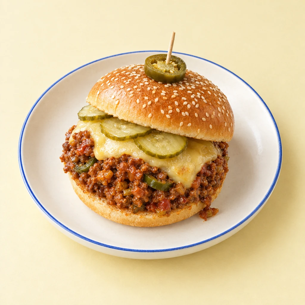 Sloppy-Joe-Burger mit Hackfleischsauce, geschmolzenem Bergkäse und Gewürzgurken, mit einer aufgespießten Jalapeño auf dem Brötchen.