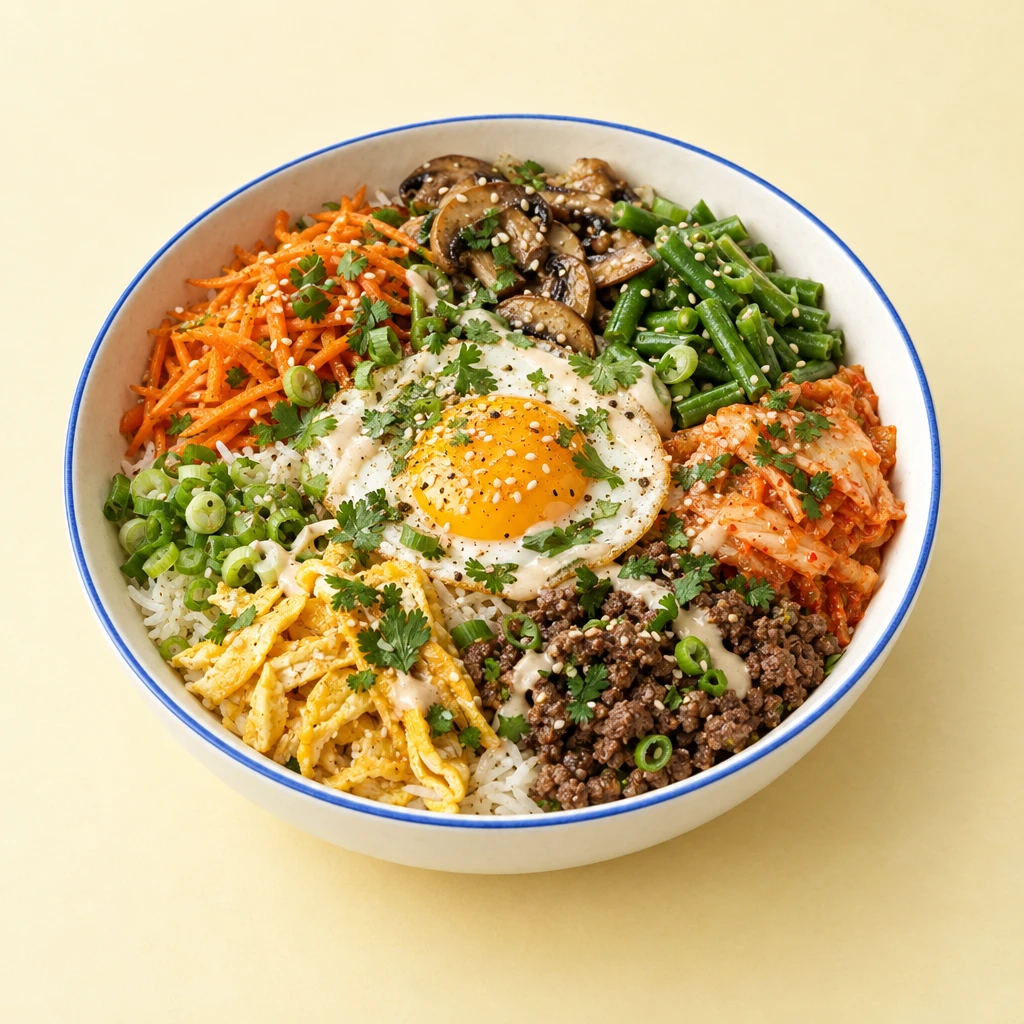 Bibimbap mit Reis, Rinderhackfleisch, Gemüse, Kimchi und Eierstreifen, dazu Joghurt-Cashew-Soße, Kräuter und Cashewkerne.