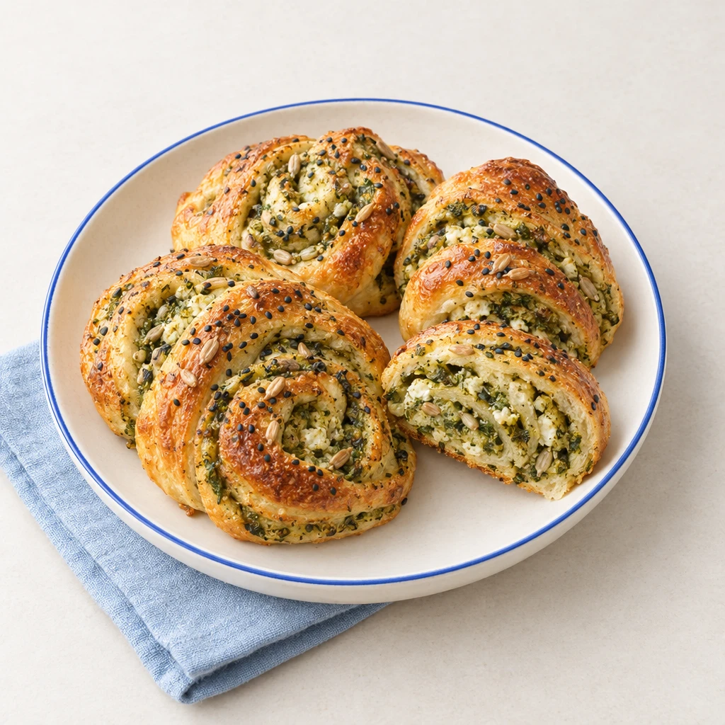 Goldbraune Bärlauch-Franzbrötchen mit sichtbarer grüner Pesto-Füllung und schwarzem Sesam auf einem Teller.