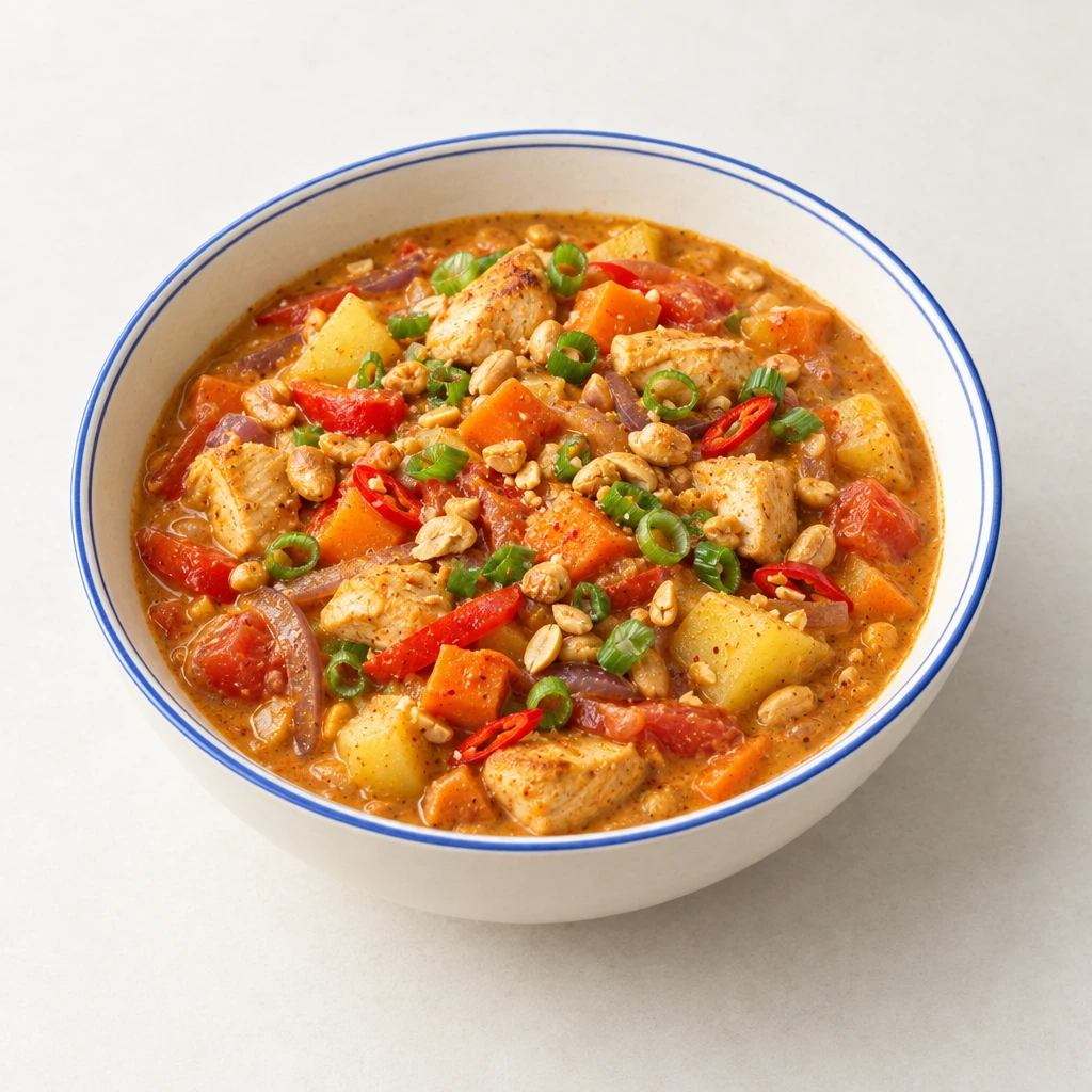 Erdnusseintopf mit Hähnchen, Kartoffeln und Gemüse, garniert mit gerösteten Erdnüssen, Chilistreifen und Frühlingszwiebeln.