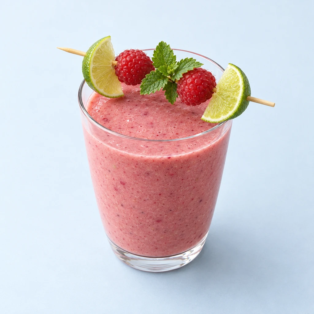 Rosa Beeren-Soja-Shake im Glas, garniert mit einem Himbeer-Limetten-Spieß und Zitronenmelisse.