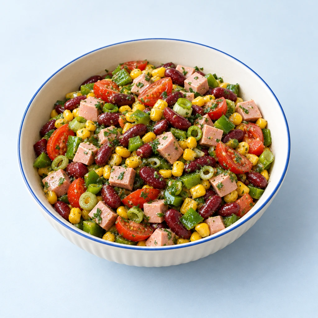 Bunter Wurstsalat mit Kidneybohnen, Mais, grüner Paprika, Kirschtomaten und Frühlingszwiebeln in einer flachen Schüssel.