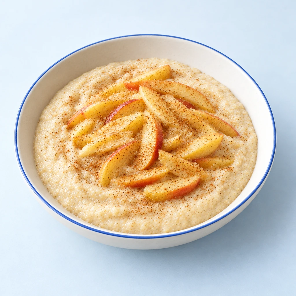 Cremiger Vollkorngrießbrei mit schmalen Apfelstreifen in einer kleinen Schale.