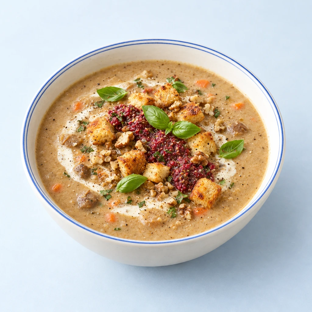 Cremige Maronensuppe mit Cranberry-Walnuss-Pesto, goldbraunen Ciabatta-Croûtons und Basilikumblättchen.