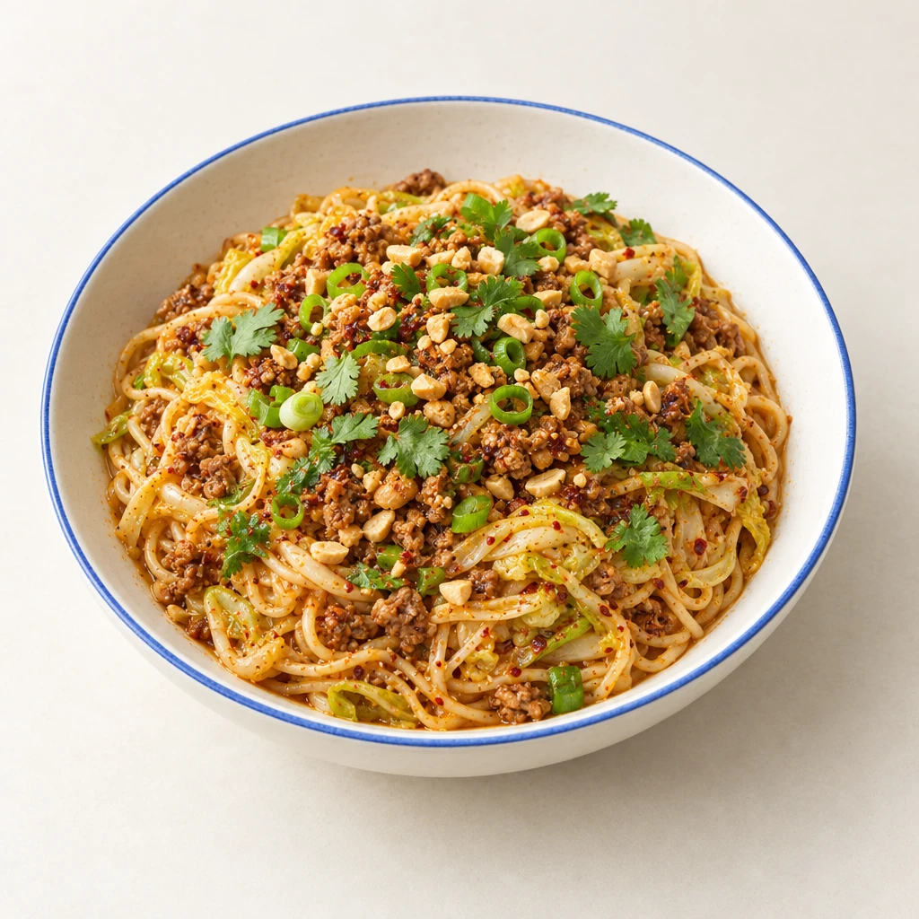Dan-Dan-Nudeln mit Chinakohl und Sesam-Chili-Sauce, belegt mit Schweinehackfleisch, Frühlingszwiebeln, Erdnüssen und Koriander.
