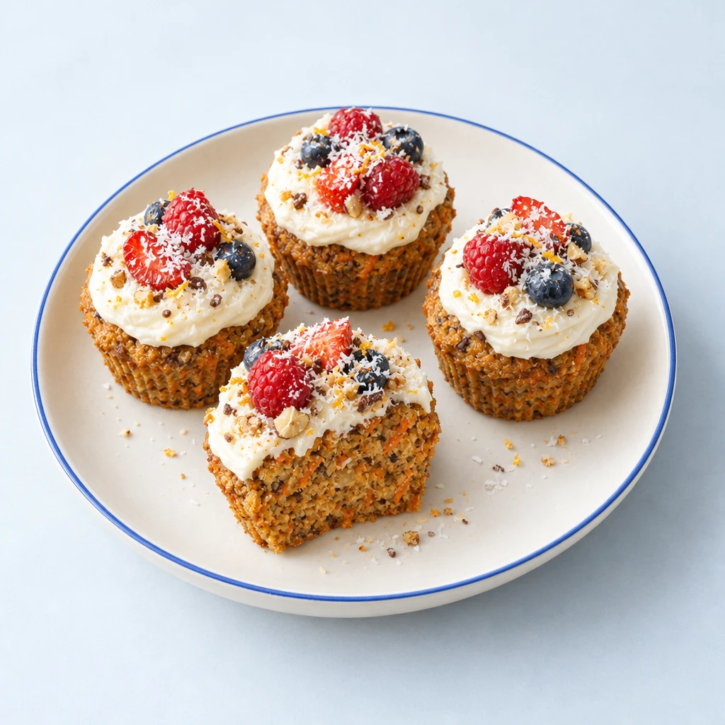 Möhrenmuffins mit weißem Frischkäse-Frosting, gemischten Beeren und einer feinen Schicht Kokosmehl auf einem Teller.