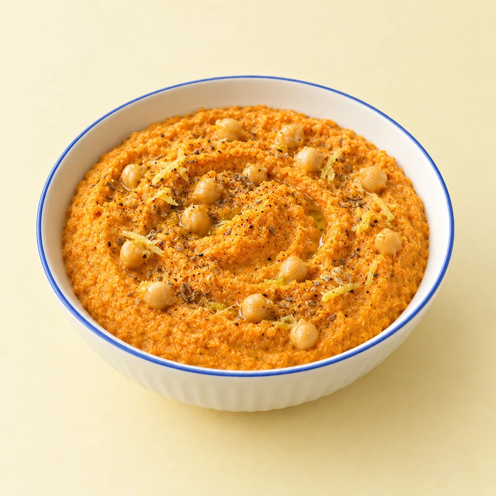 Cremiger, orangefarbener Karotten-Hummus mit sanften Rillen in einer flachen Schale.