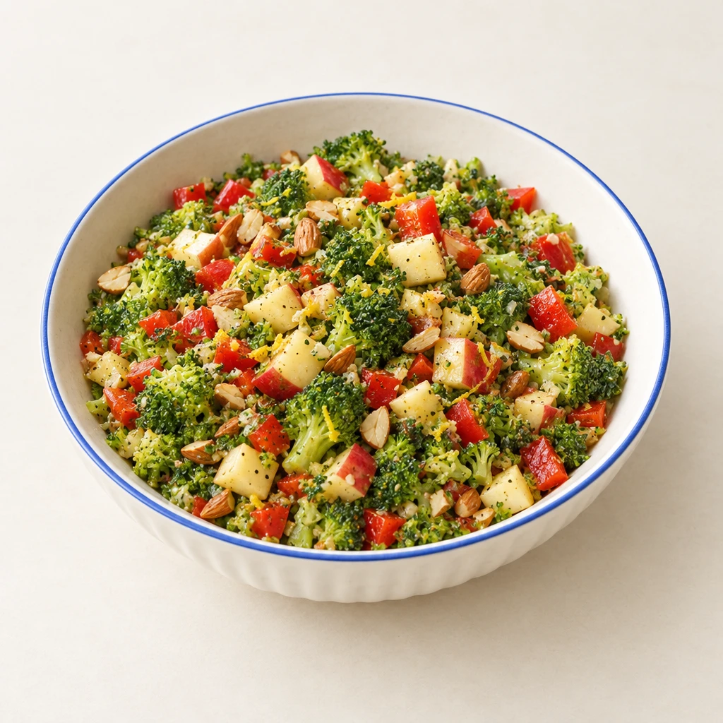 Salat aus zerkleinertem rohem Brokkoli, roter Paprika, Apfelwürfeln und gerösteten Mandeln mit Zitronendressing.
