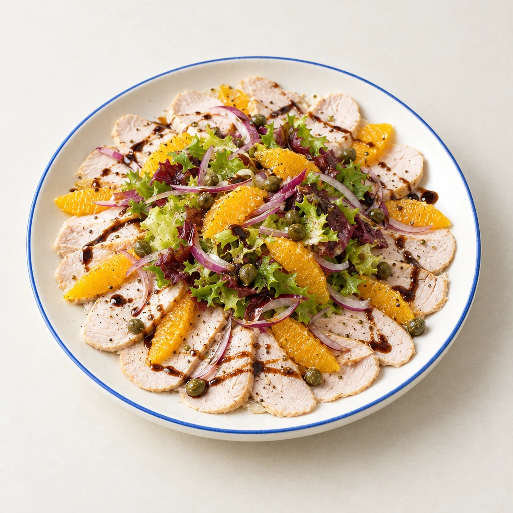 Sternförmig angerichtete Putenbruststreifen mit Blattsalat, Orangenfilets, Kapern, roten Zwiebeln und Balsamicocreme.
