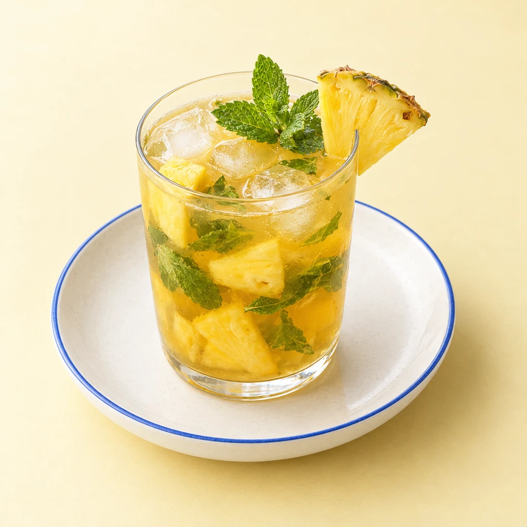 Ananas-Eistee im Glas mit Ananasstücken, Eiswürfeln und frischer Minze.