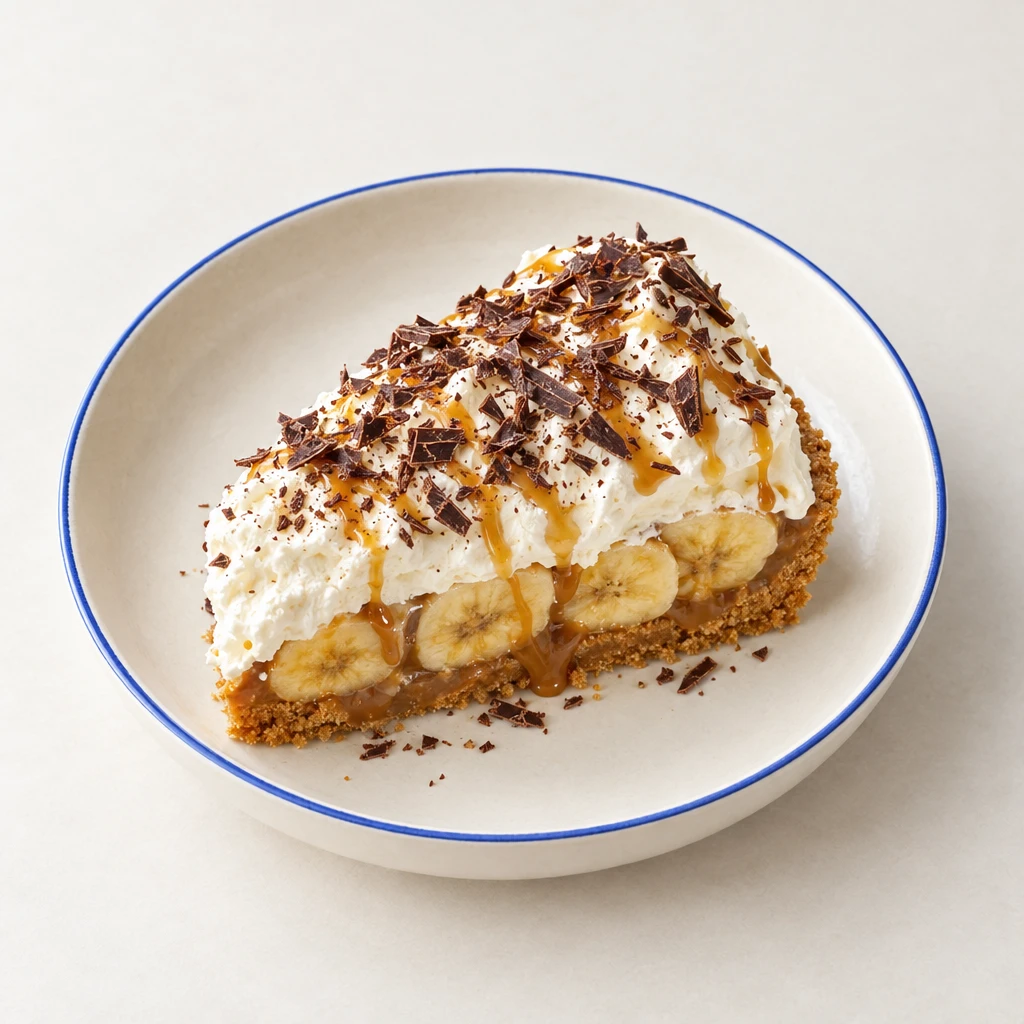 Ein Stück Banoffee Pie mit Keksboden, Toffee, Bananen und Sahnecreme, garniert mit Ahornsirup und Schokoladenraspeln.