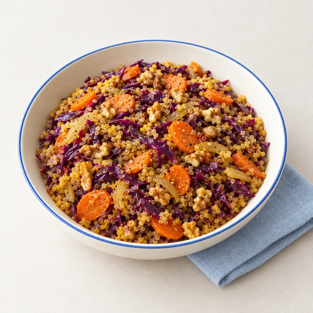 Quinoa mit Rotkohl, Karottenscheiben und grob gehackten Walnüssen in einer flachen Schale.
