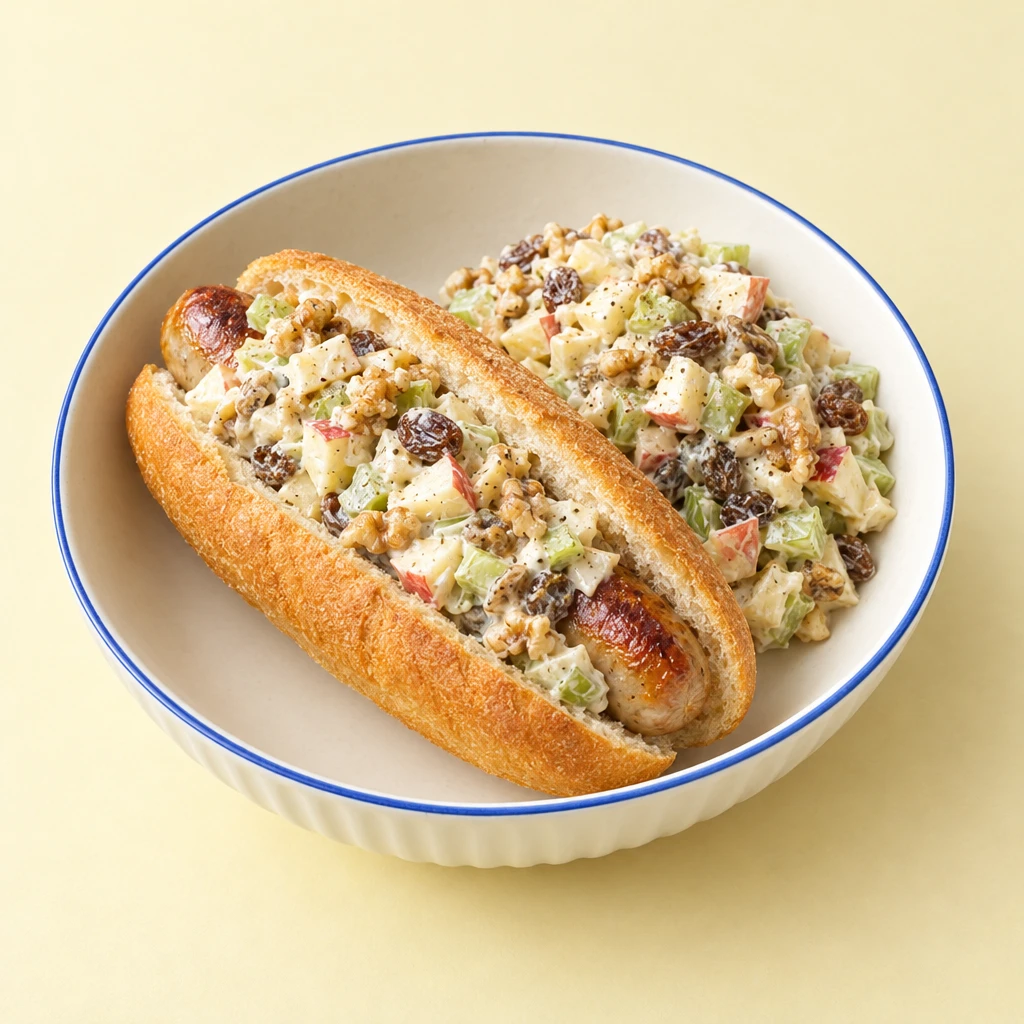 Baguette-Brötchen mit gebratenen Hähnchen-Bratwürsten und cremigem Waldorfsalat aus Apfel, Sellerie, Walnüssen und Sultaninen.